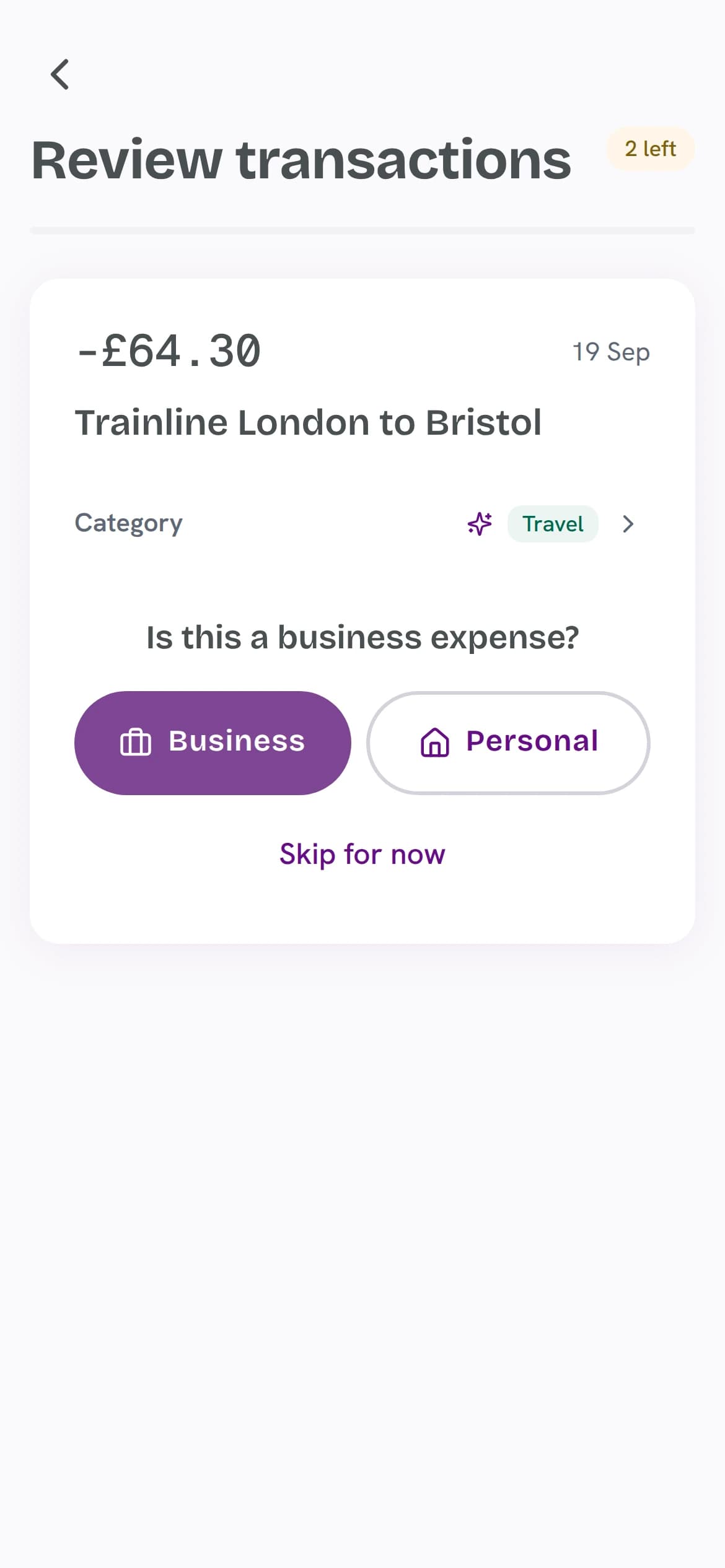 TapTax review screen: Trainline London to Bristol, -£64.30, AI-suggested category Travel, asking whether it is a business expense