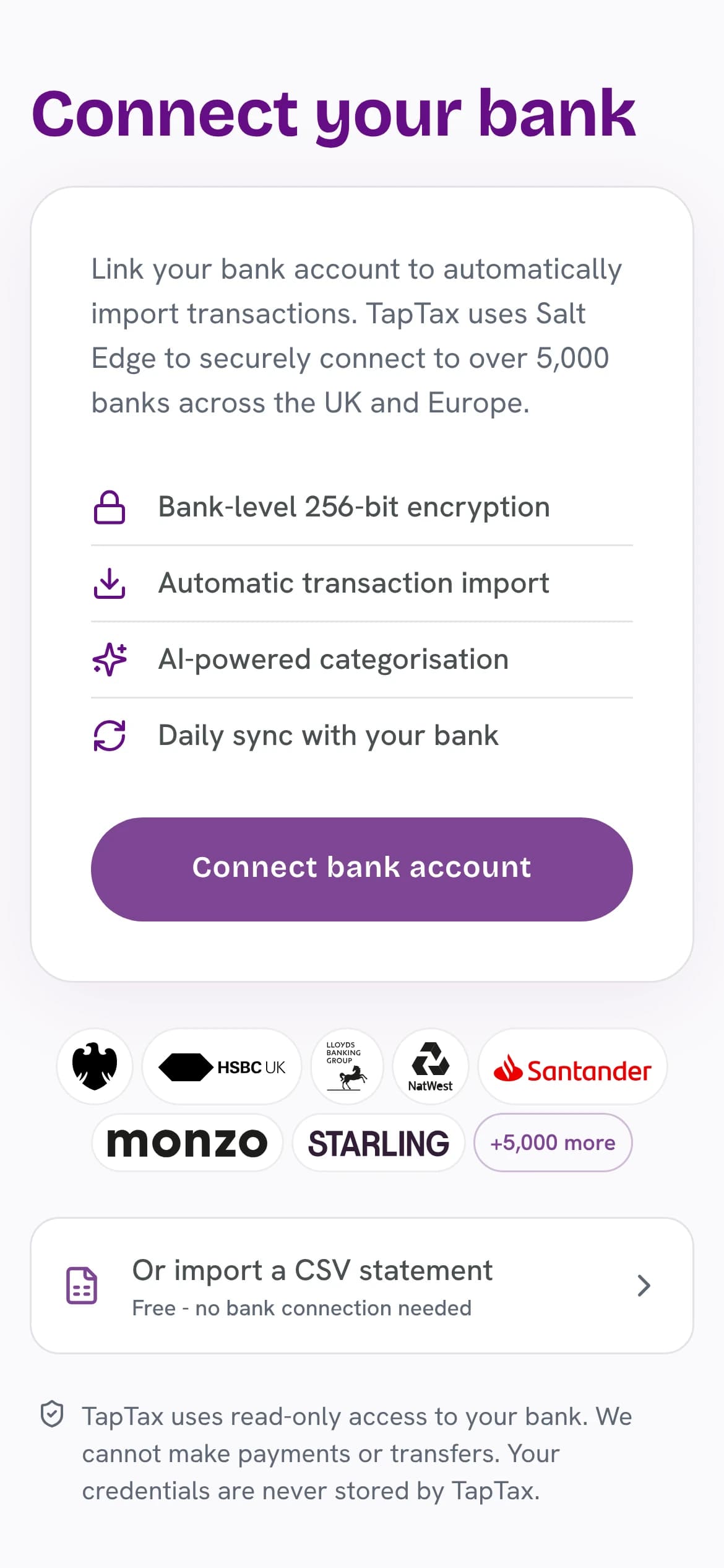 TapTax screen listing UK banks, with the option to import a CSV bank statement for free (bank sync is coming soon)