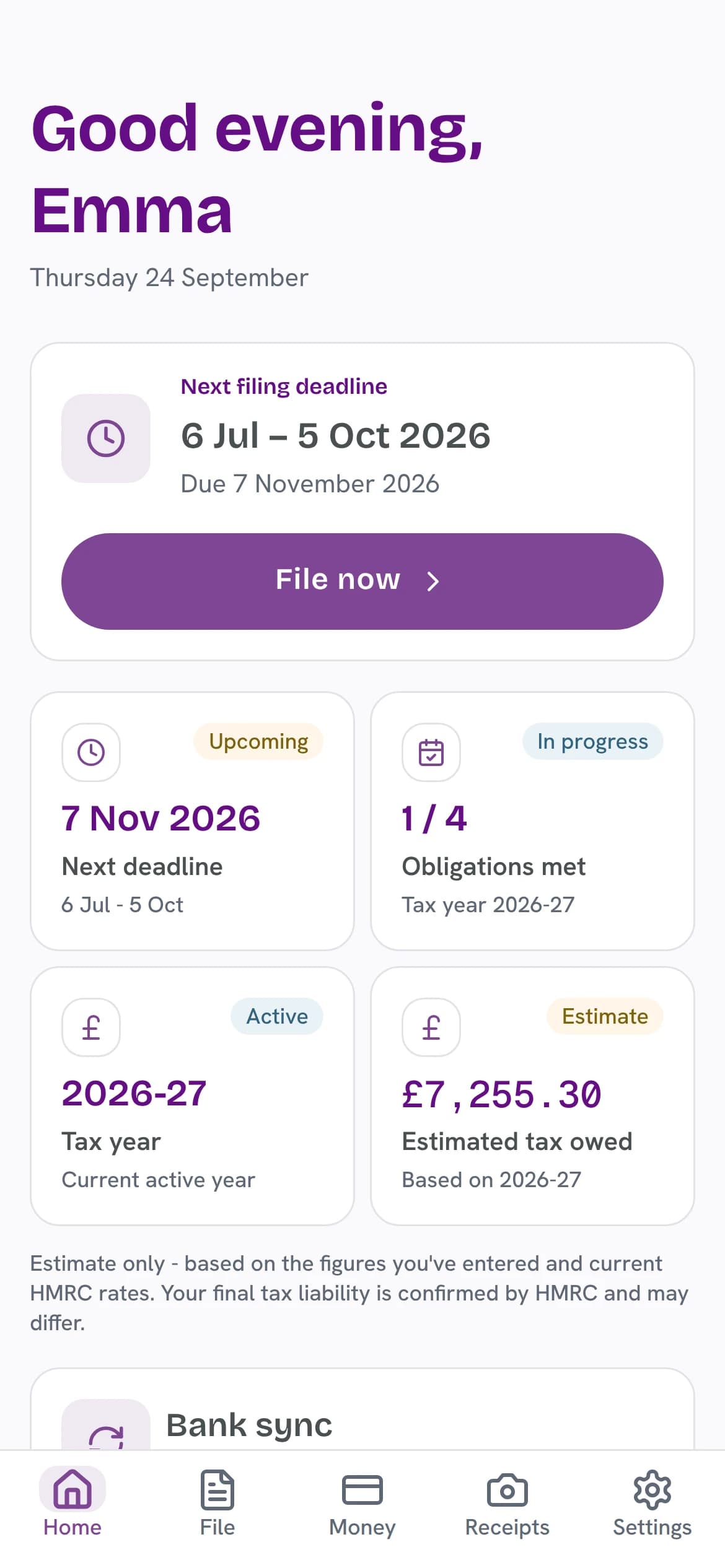 The TapTax dashboard: the next filing deadline, 7 November 2026, with a File now button, obligations met and estimated tax owed