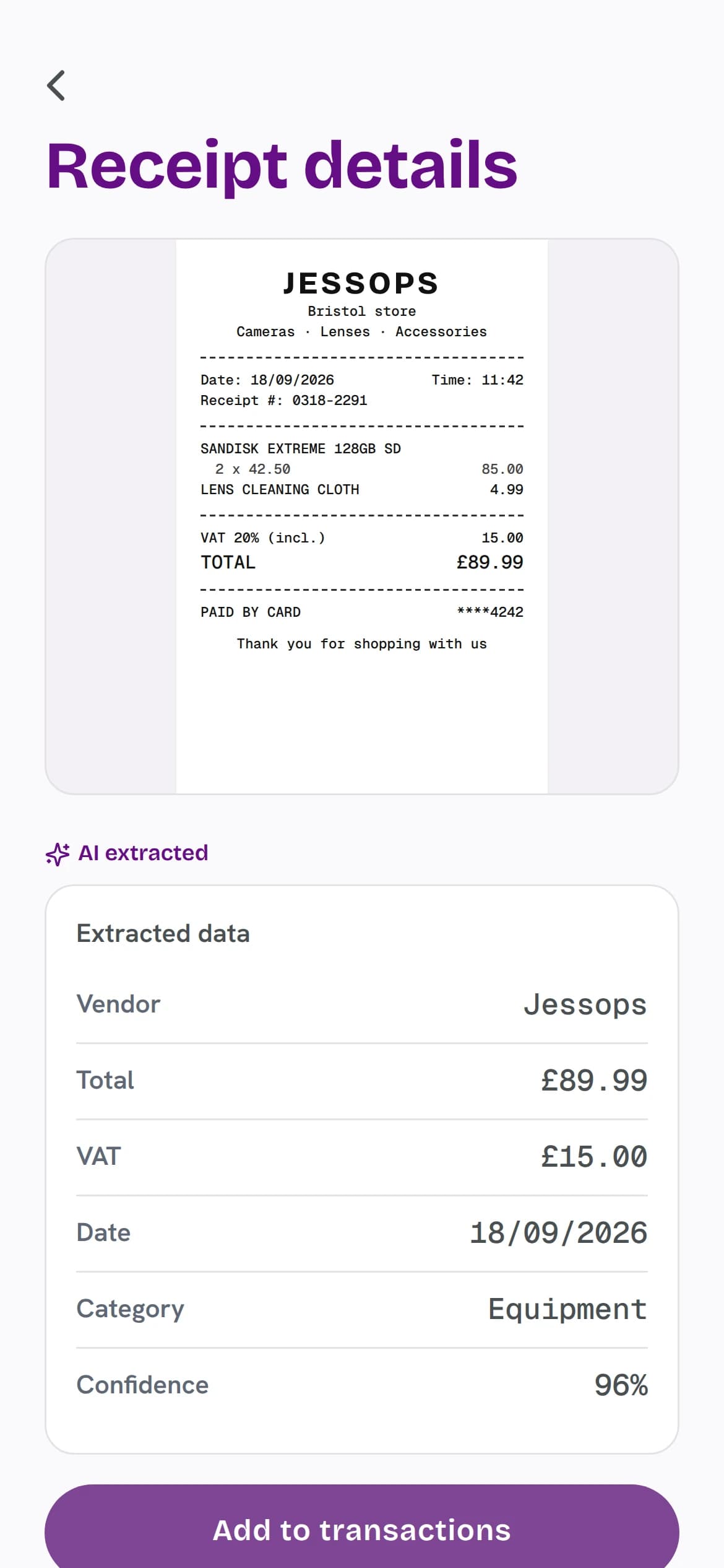 TapTax receipt details: a Jessops receipt with the vendor, total, VAT, date and category the AI extracted from it