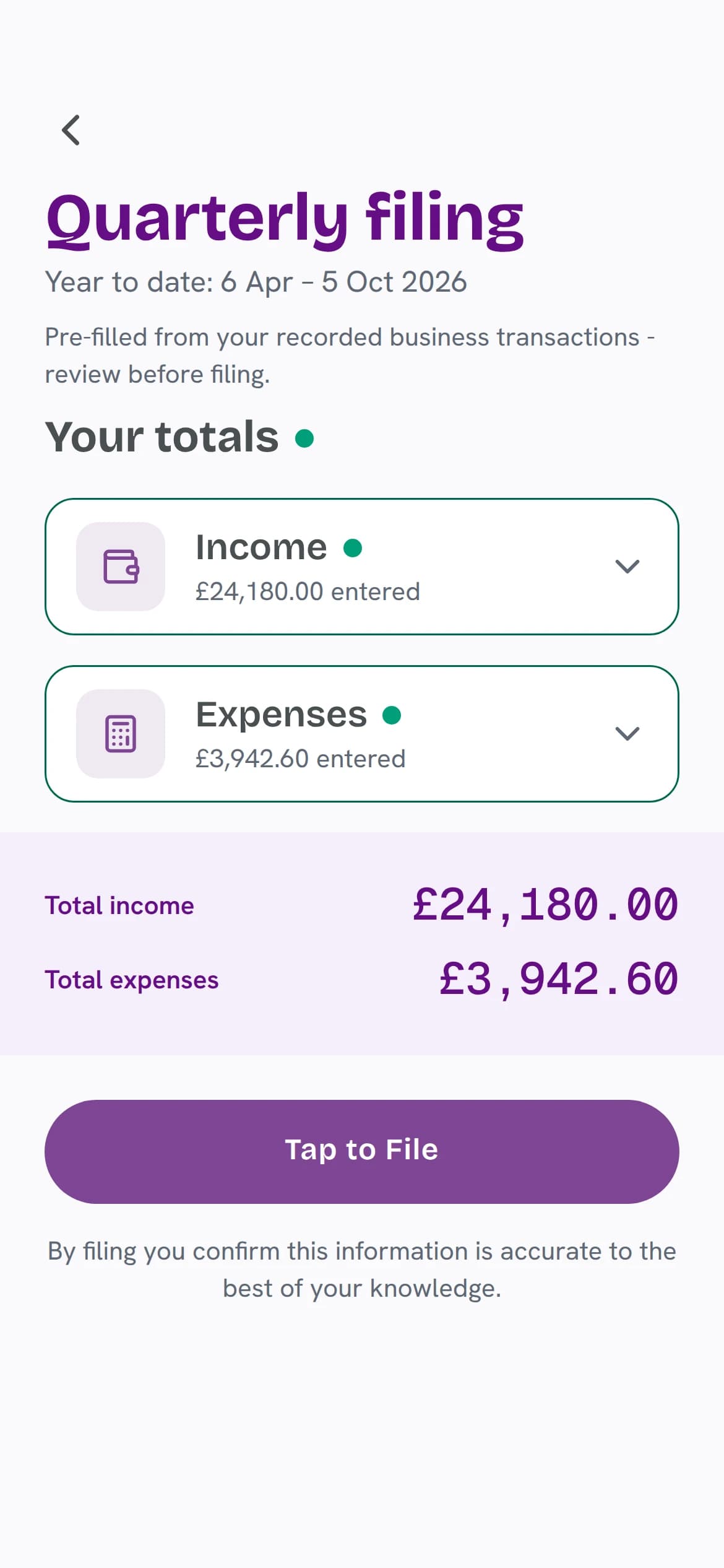 TapTax quarterly filing for 6 April to 5 October: total income £24,180.00, total expenses £3,942.60, and a Tap to File button