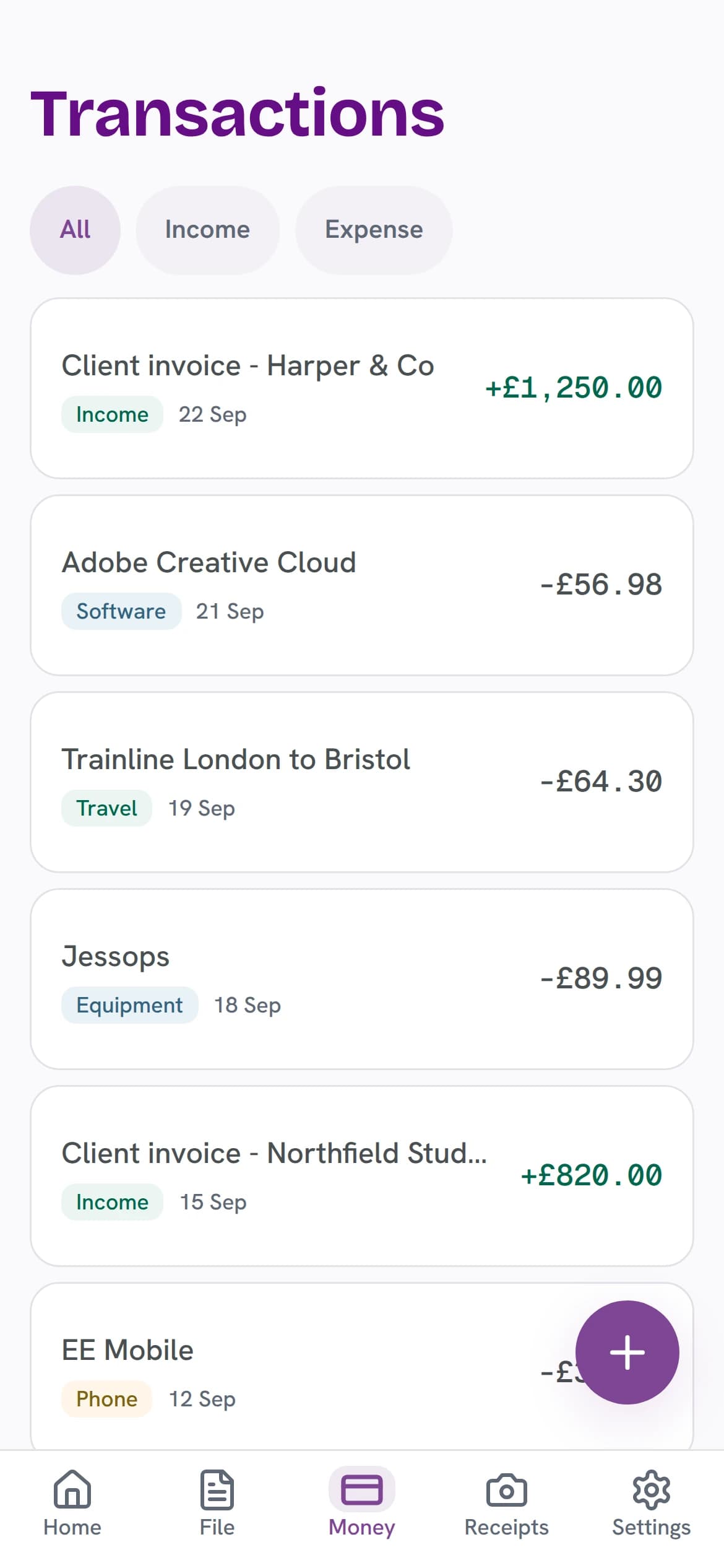 The TapTax transactions list showing income and expenses imported from a bank statement