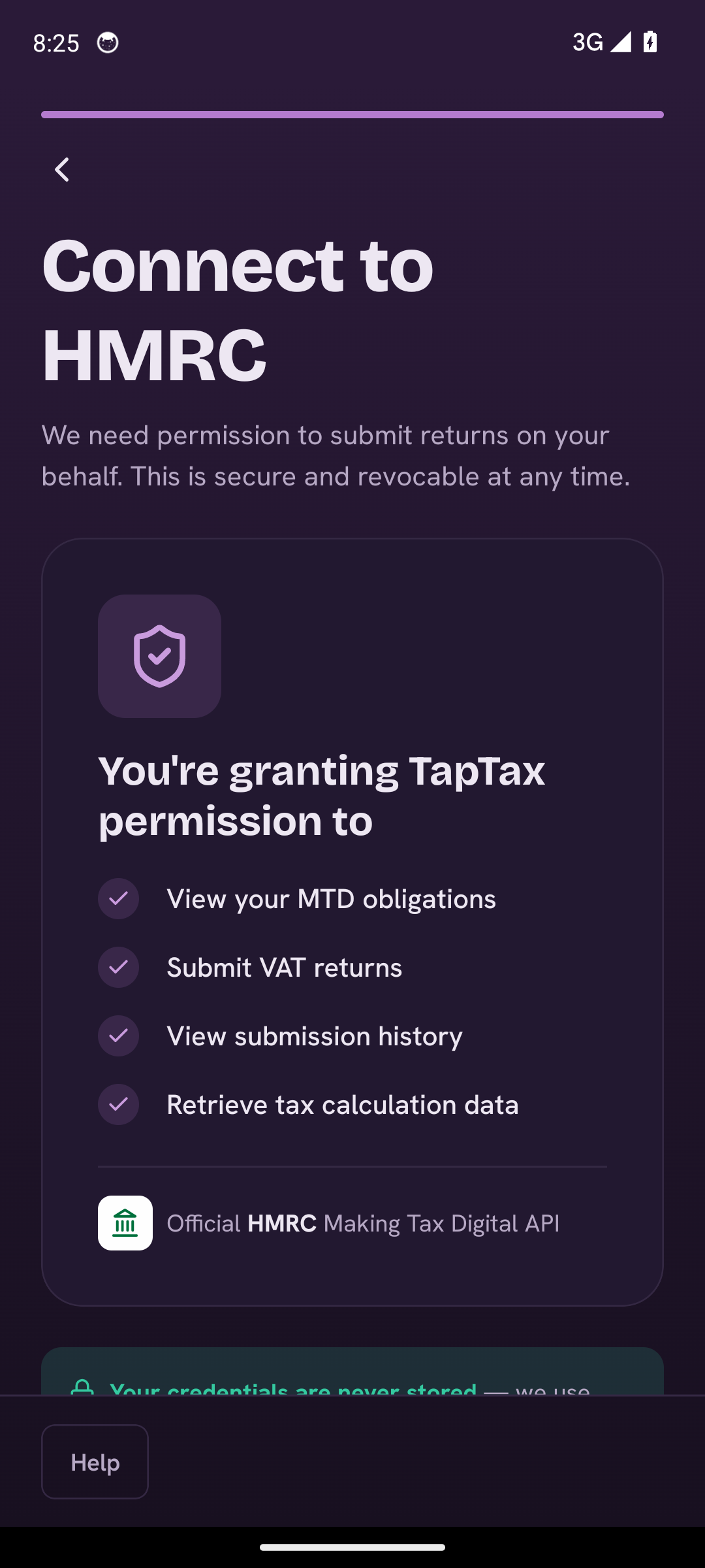 TapTax mobile screen prompting the user to connect their HMRC account