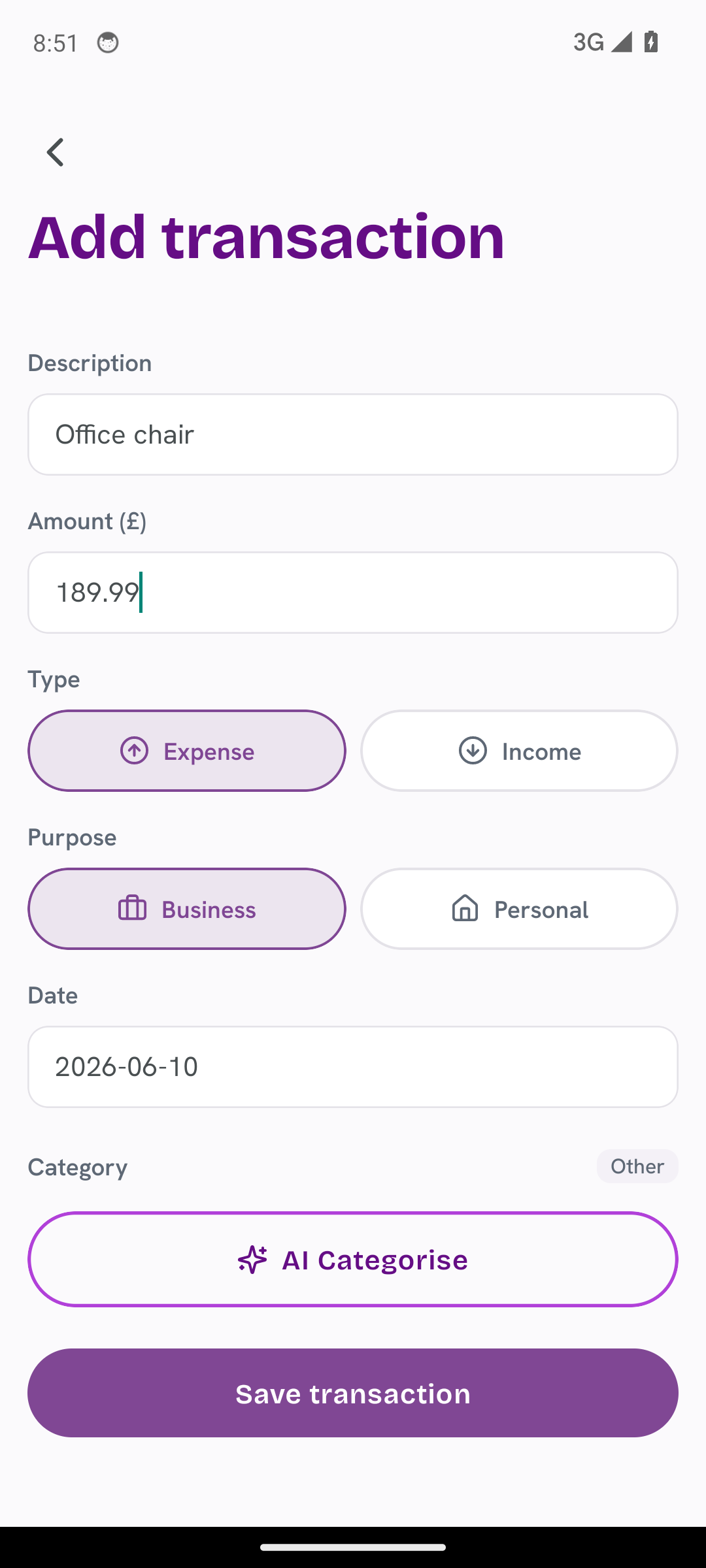 TapTax mobile add expense screen with an AI-suggested category