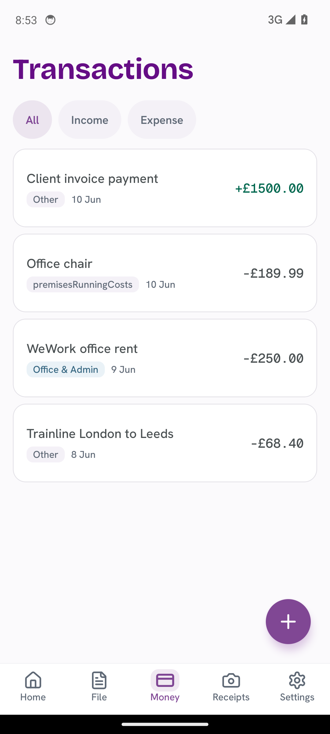 TapTax mobile transactions list with categorised income and expense entries