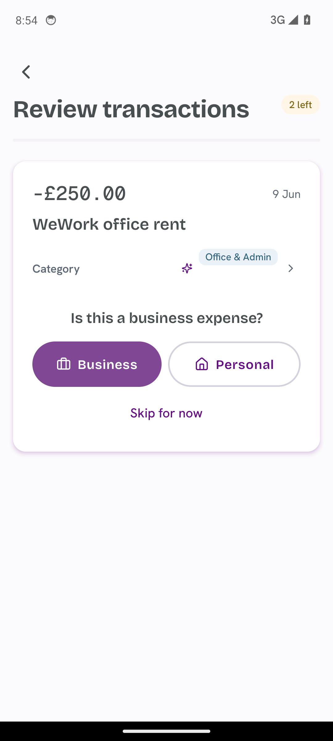TapTax mobile review screen showing an AI-suggested category that can be accepted or changed