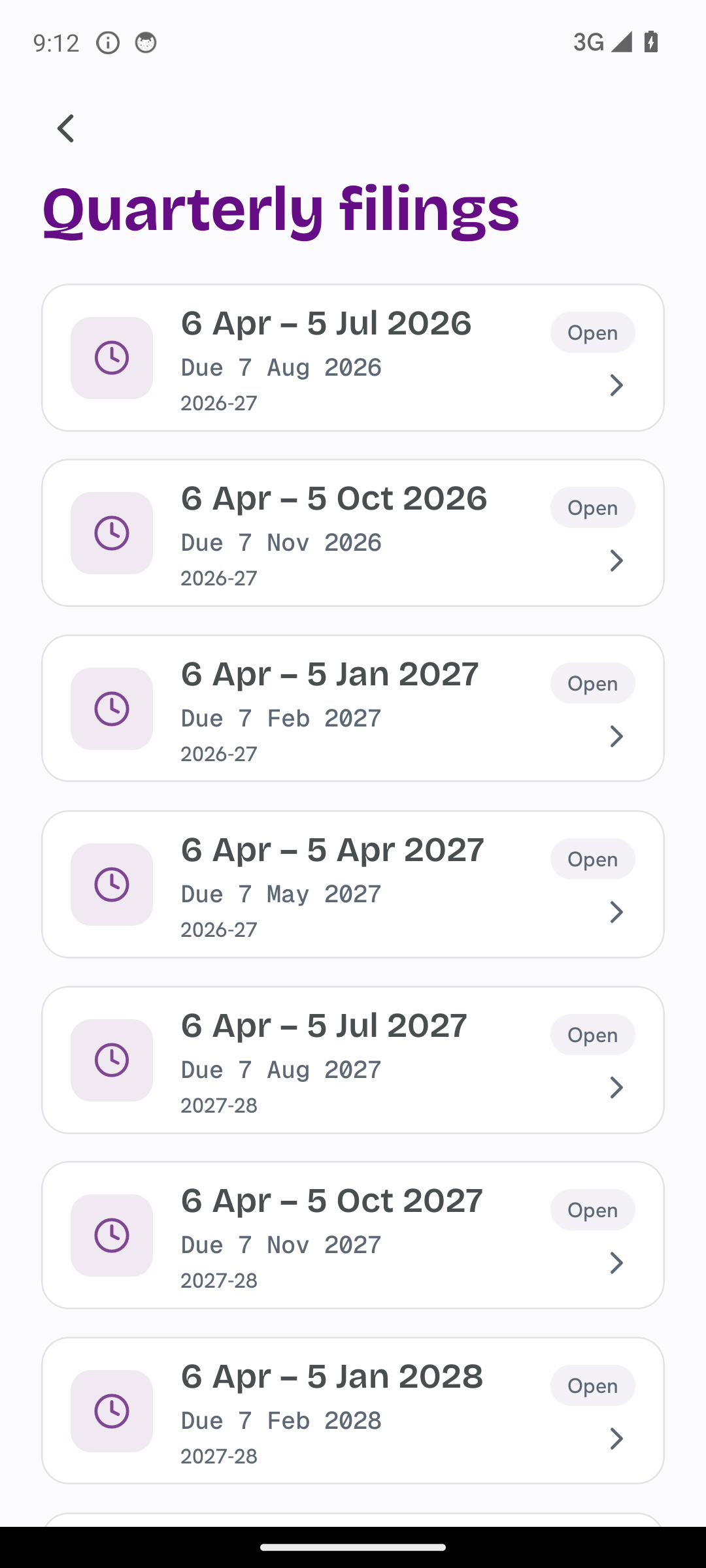 TapTax mobile Quarterly filings list showing each period, its due date, and an open status