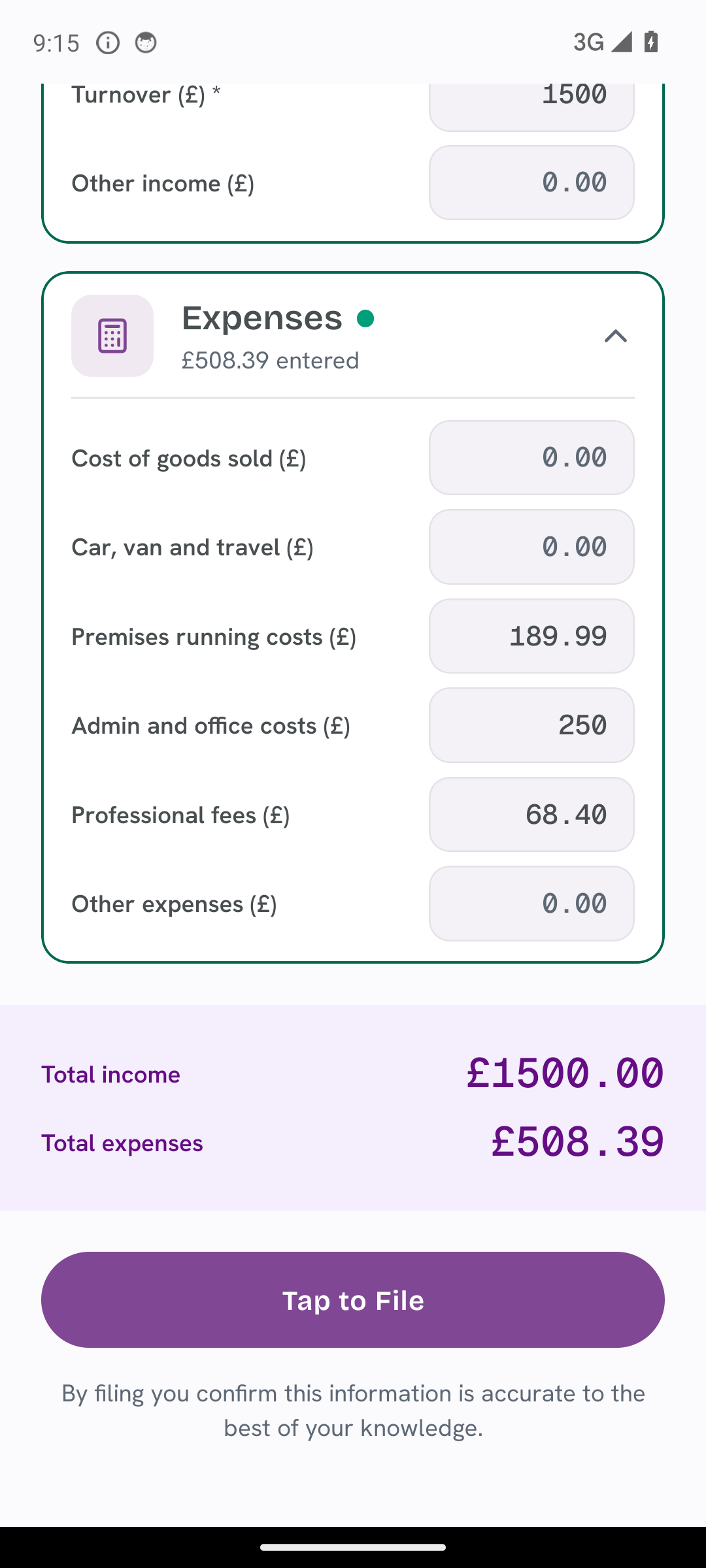 TapTax mobile Quarterly filing screen with income and expense totals and a Tap to File button