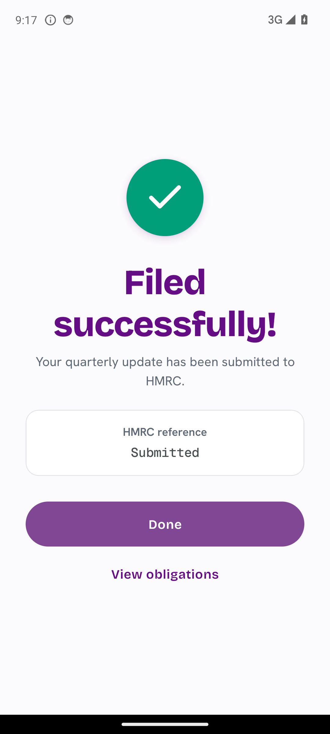 TapTax mobile Filed successfully screen confirming the quarterly update was submitted to HMRC