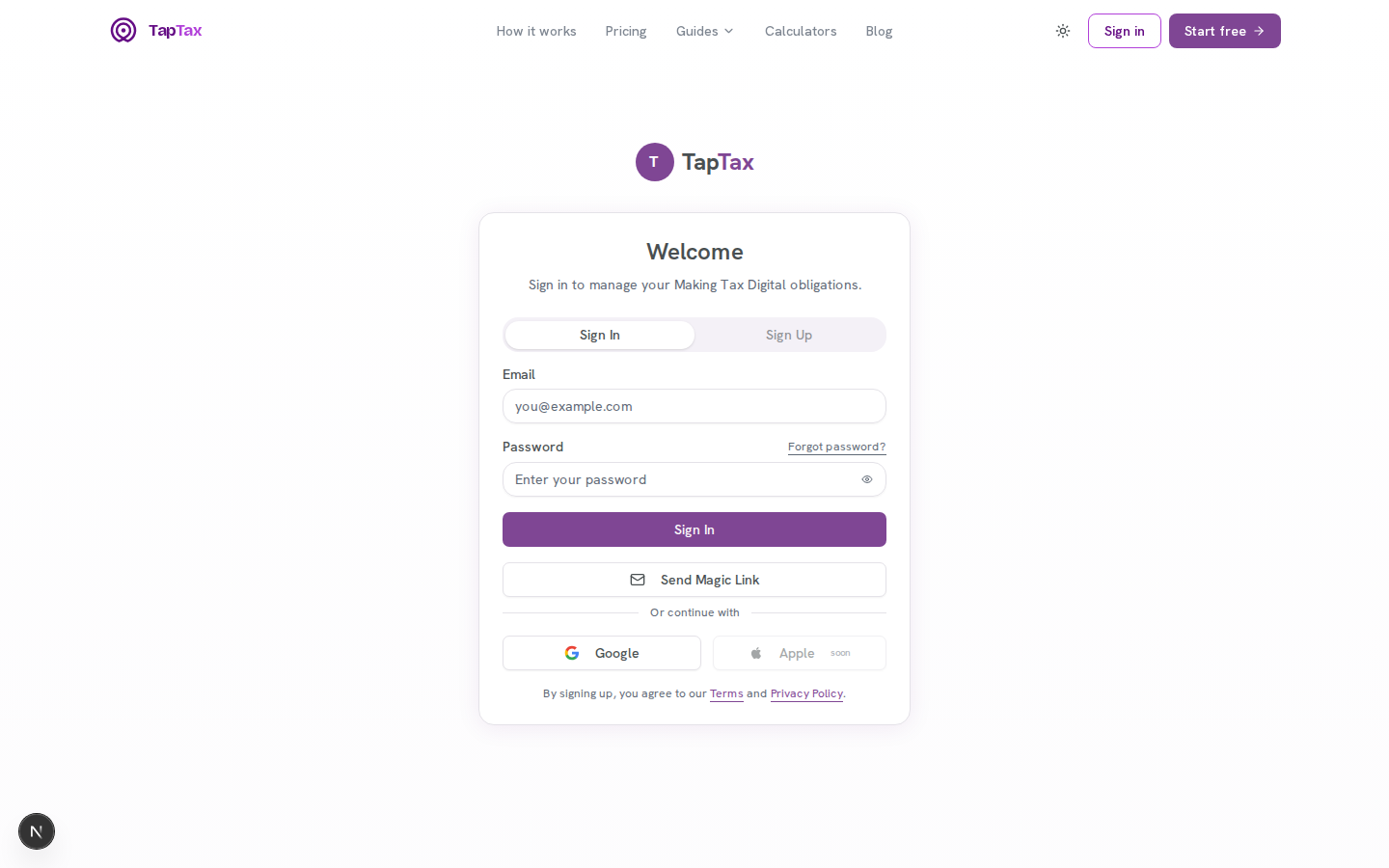 TapTax web sign-in screen with email, password, magic link, and Google options