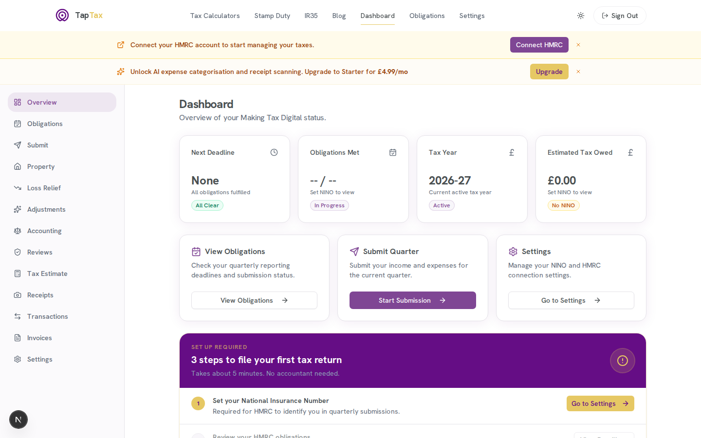 TapTax web dashboard showing a Connect HMRC banner and a three-step setup checklist