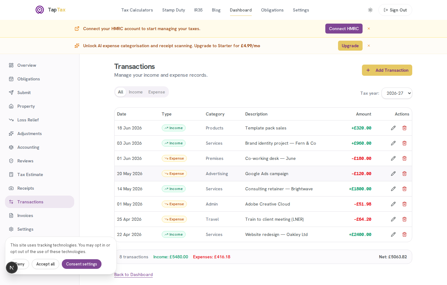 TapTax web transactions list showing income and expense rows with categories and a running total