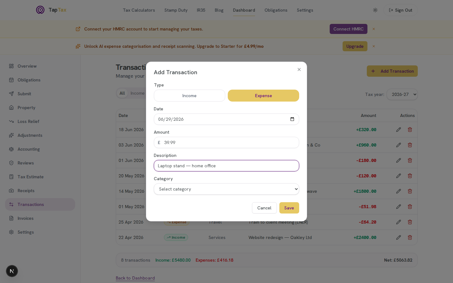 TapTax web Add Transaction dialog with type, date, amount, description, and category fields