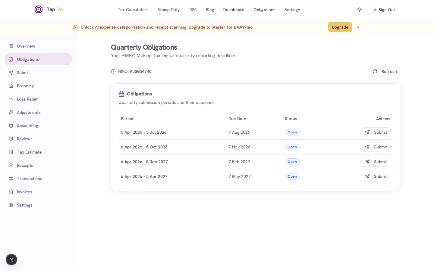 TapTax web Quarterly Obligations table listing four 2026-27 periods with due dates and open status