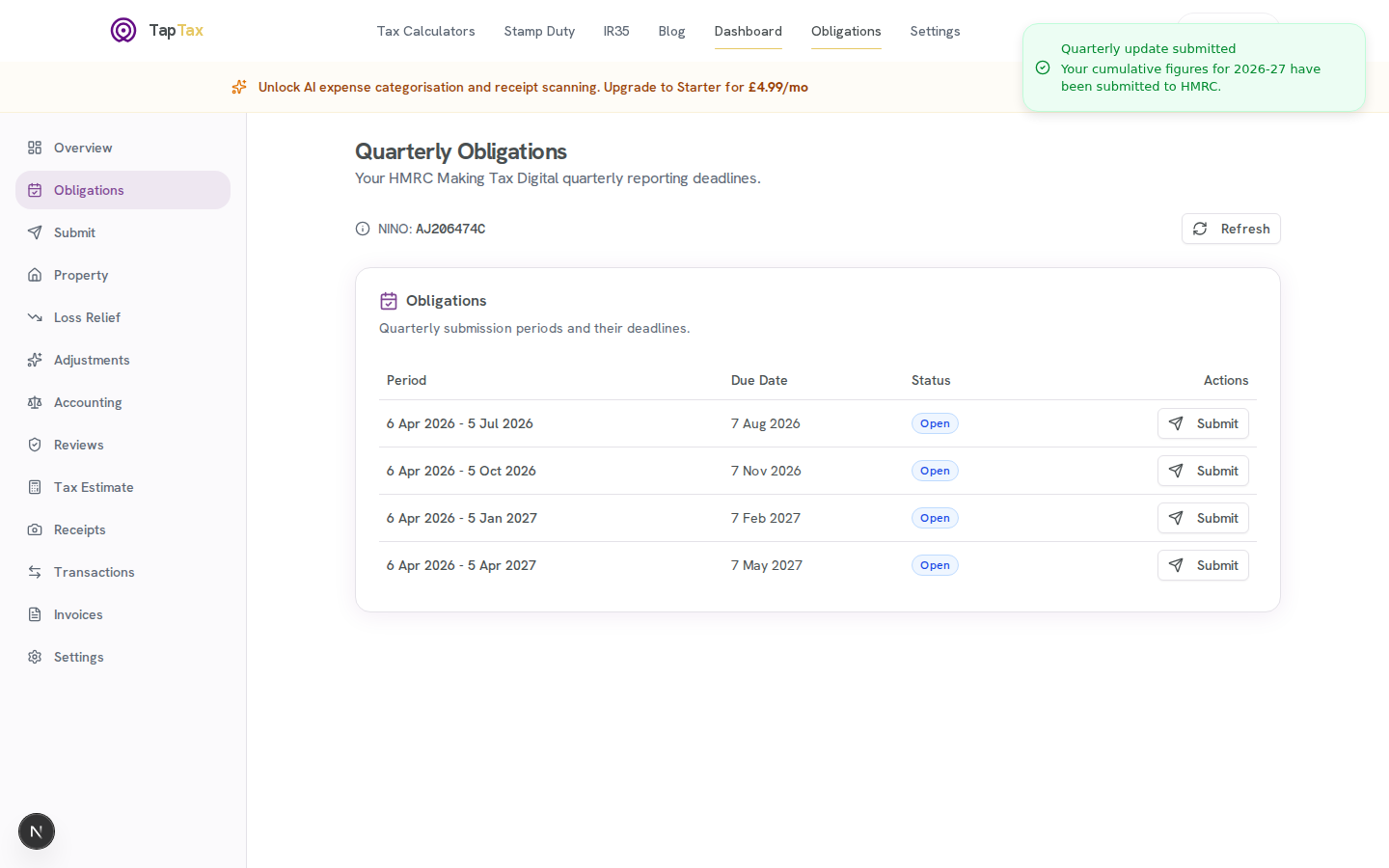 TapTax web confirmation that the quarterly update was submitted to HMRC